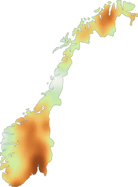 Kart over registrerte observasjoner av bjørkeøsterssopp i Norge.