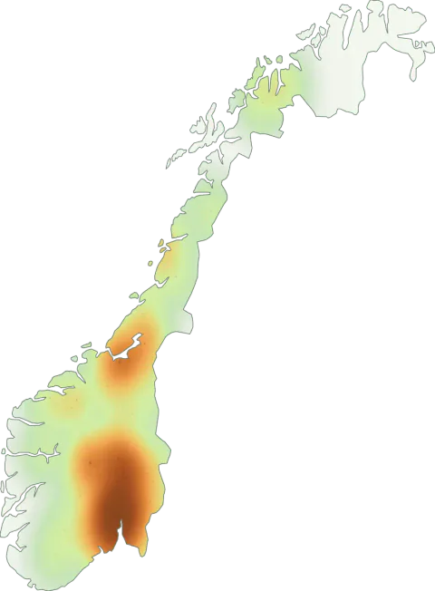 Kart over registrerte observasjoner av blek sandmorkel i Norge.