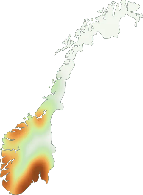 Kart over registrerte observasjoner av blodrørsopp i Norge.