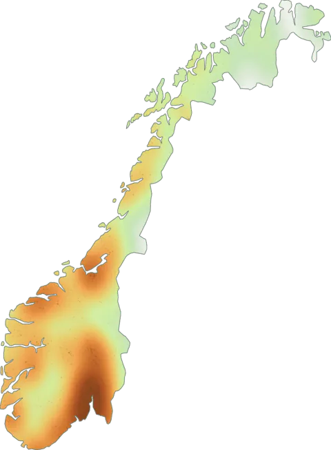 Kart over registrerte observasjoner av branngul riske i Norge.