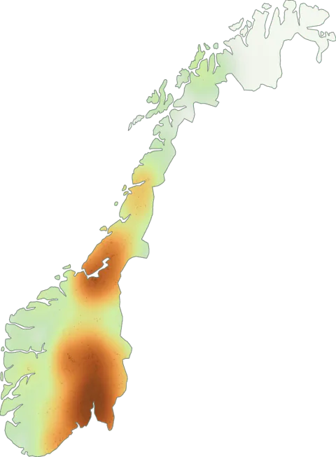 Kart over registrerte observasjoner av brun fluesopp i Norge.