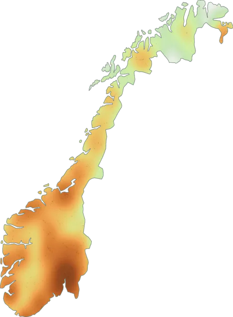 Kart over registrerte observasjoner av brungul stubbemusserong i Norge.
