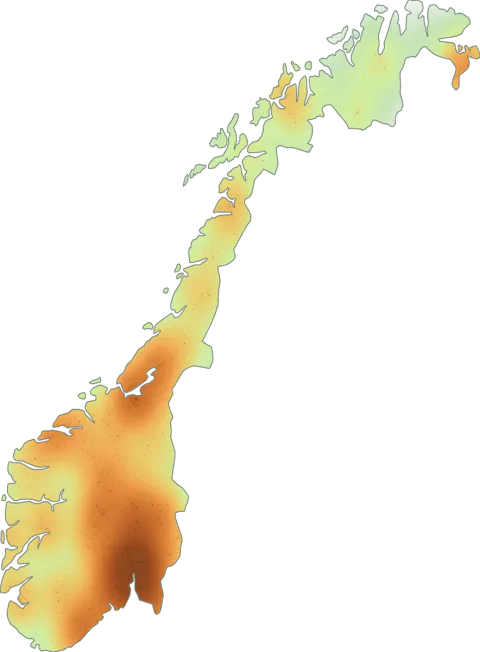 Kart over registrerte observasjoner av brunkjøttbukkesopp i Norge.