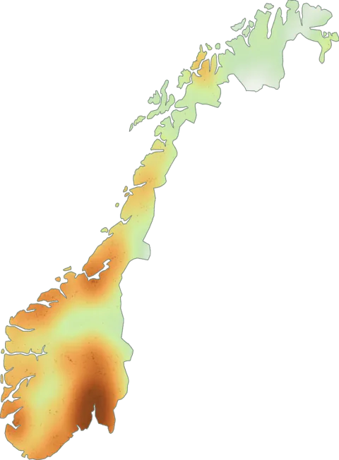 Kart over registrerte observasjoner av flåhette i Norge.