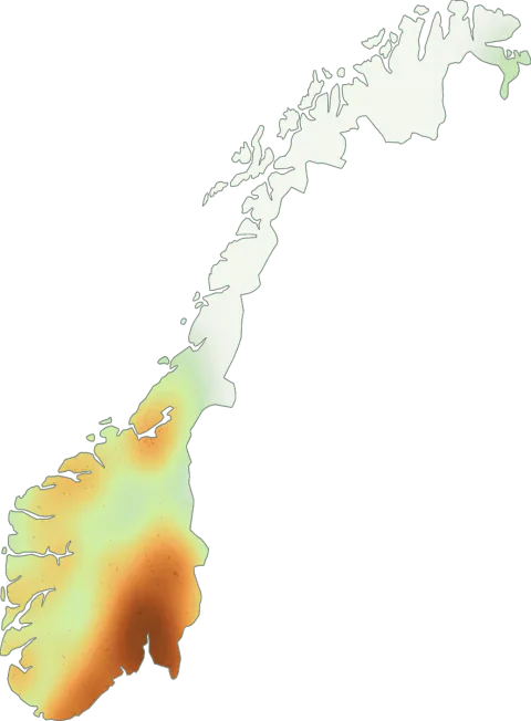 Kart over registrerte observasjoner av fløyelspluggsopp i Norge.