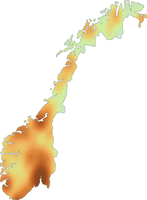 Kart over registrerte observasjoner av fløyelsrørsopp i Norge.