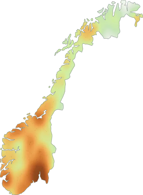 Kart over registrerte observasjoner av frostvokssopp i Norge.