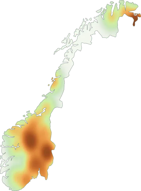 Kart over registrerte observasjoner av furuknippesopp i Norge.