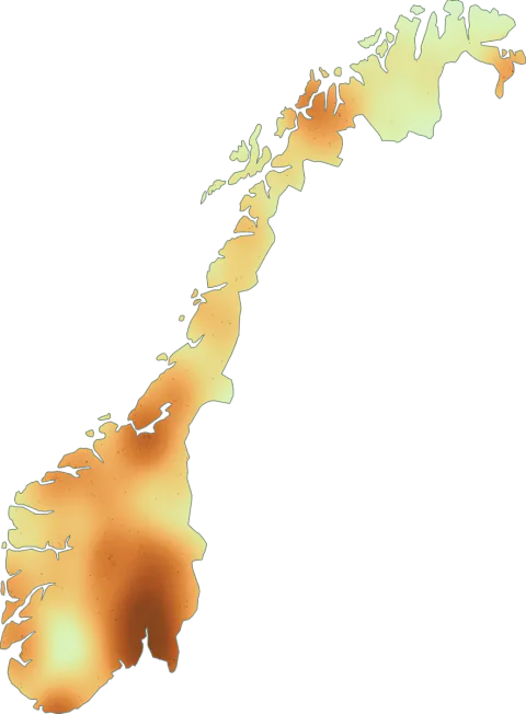 Kart over registrerte observasjoner av gallemusserong i Norge.