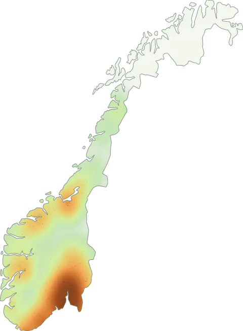 Kart over registrerte observasjoner av gallerørsopp i Norge.