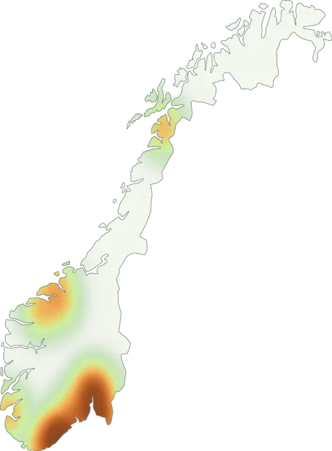 Kart over registrerte observasjoner av giftrødspore i Norge.