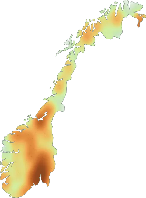 Kart over registrerte observasjoner av grå knippesopp i Norge.