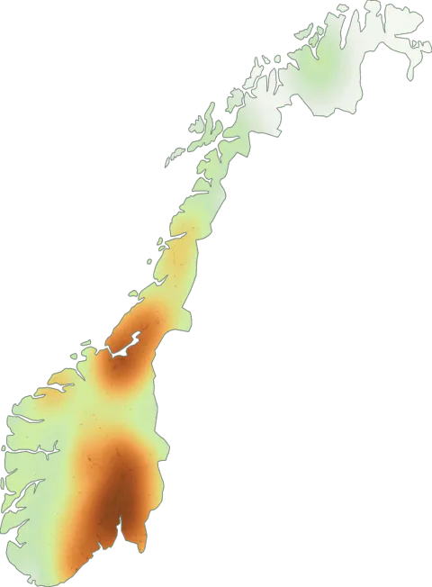 Kart over registrerte observasjoner av granskjellpigg i Norge.