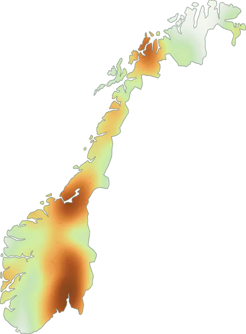 Kart over registrerte observasjoner av gullskjellsopp i Norge.