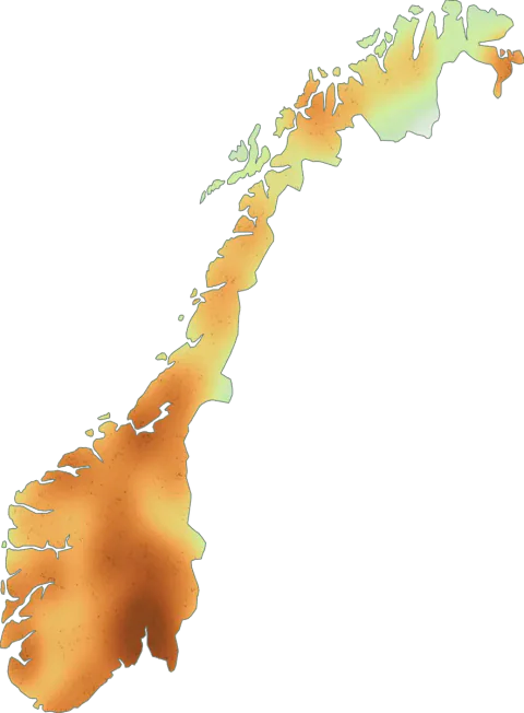 Kart over registrerte observasjoner av hulriske i Norge.