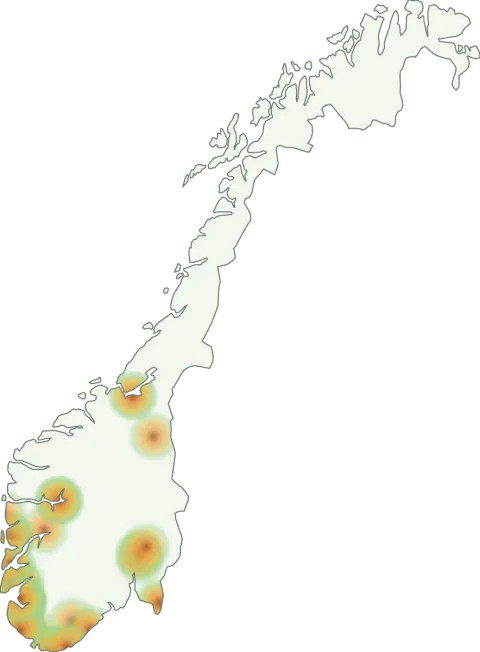 Kart over registrerte observasjoner av hulrørsopp i Norge.