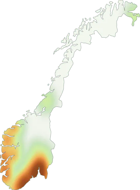 Kart over registrerte observasjoner av hvit pepperriske i Norge.
