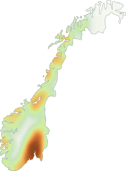 Kart over registrerte observasjoner av ildrørsopp i Norge.