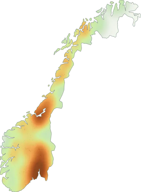 Kart over registrerte observasjoner av irrgrønn kragesopp i Norge.