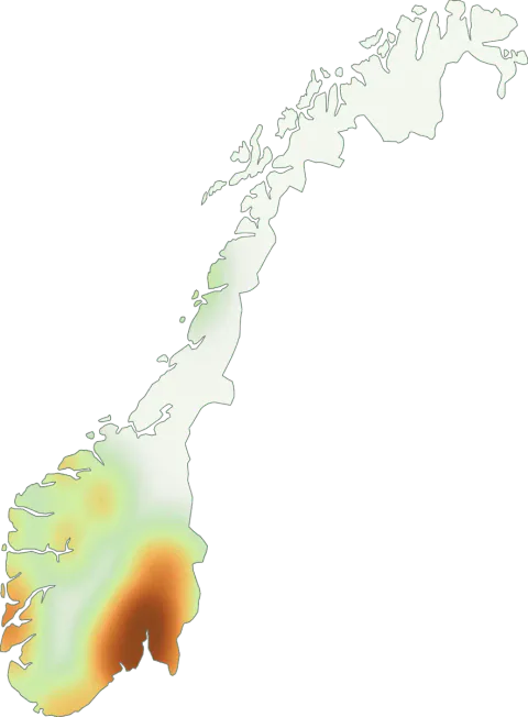 Kart over registrerte observasjoner av kjemperøyksopp i Norge.