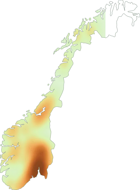 Kart over registrerte observasjoner av kjempetraktmusserong i Norge.