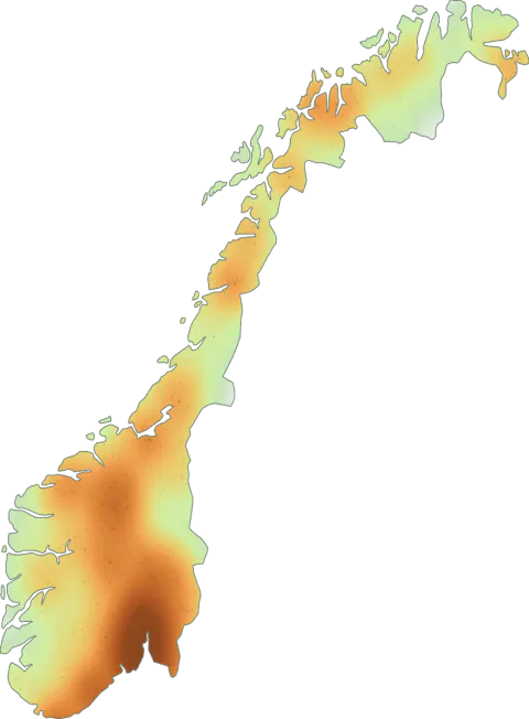 Kart over registrerte observasjoner av klubbetraktsopp i Norge.