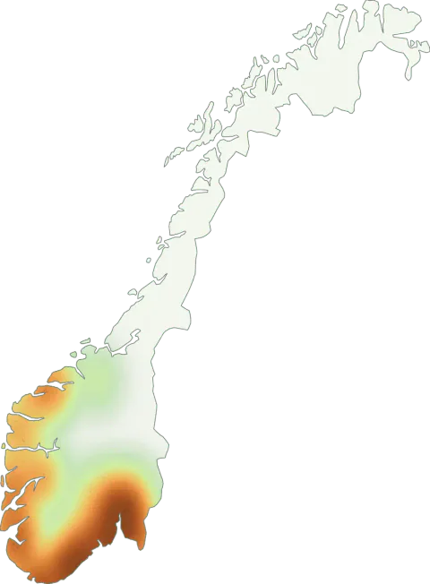 Kart over registrerte observasjoner av mandelriske i Norge.