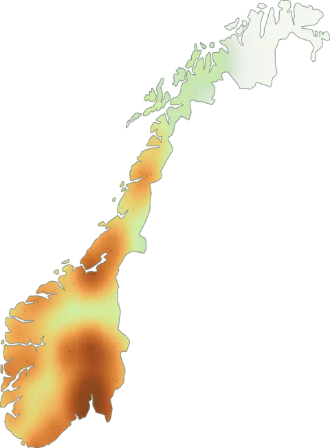 Kart over registrerte observasjoner av olivenbrun vokssopp i Norge.