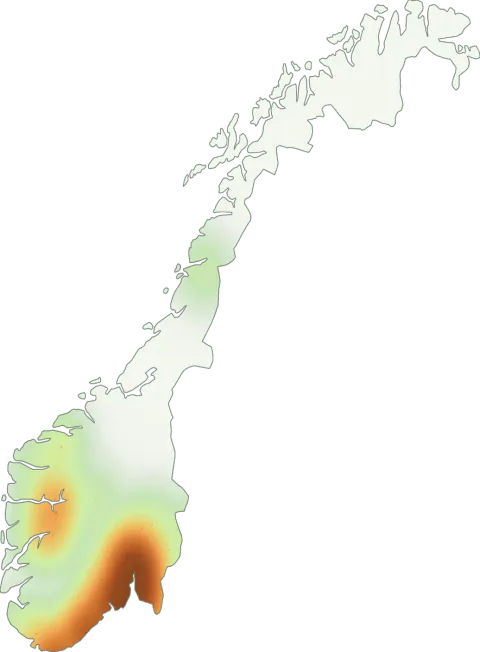 Kart over registrerte observasjoner av panterfluesopp i Norge.