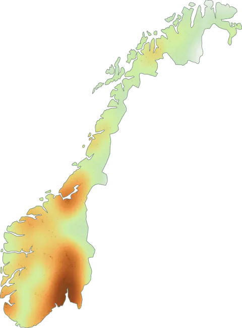 Kart over registrerte observasjoner av puddertraktsopp i Norge.