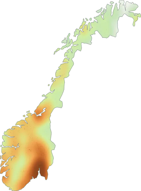 Kart over registrerte observasjoner av raspskjellsopp i Norge.