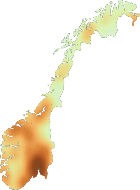 Kart over registrerte observasjoner av riddermusserong i Norge.