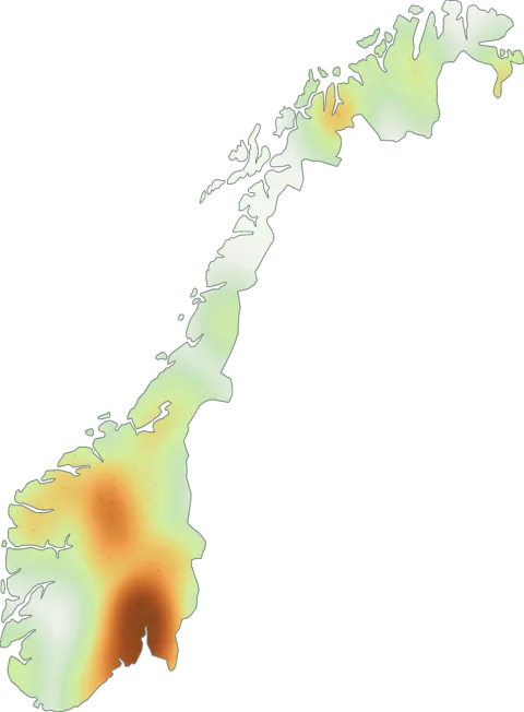 Kart over registrerte observasjoner av ringløs smørsopp i Norge.
