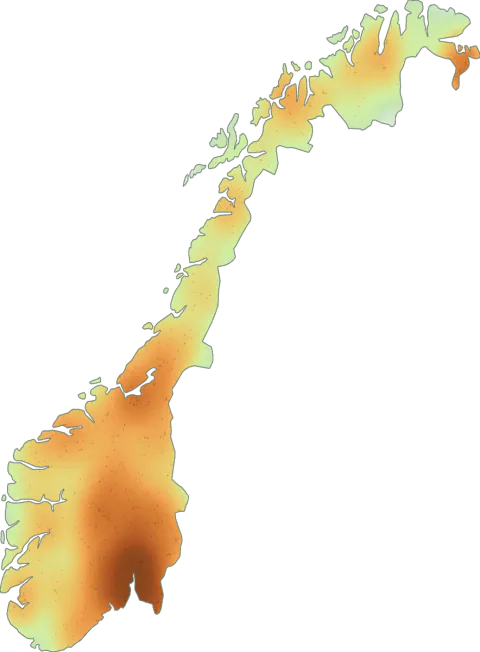 Kart over registrerte observasjoner av rødbelteslørsopp i Norge.