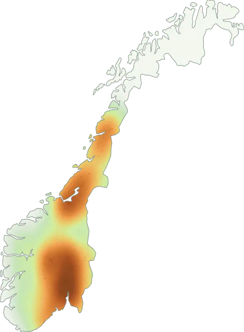 Kart over registrerte observasjoner av rødflekkvokssopp i Norge.
