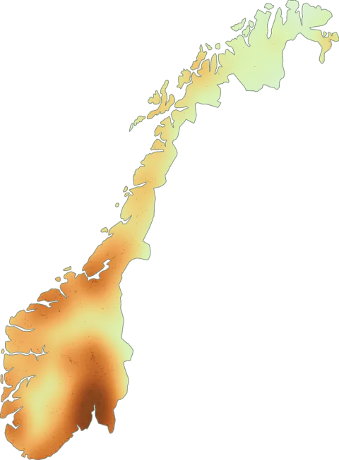 Kart over registrerte observasjoner av rødgul piggsopp-gruppen i Norge.