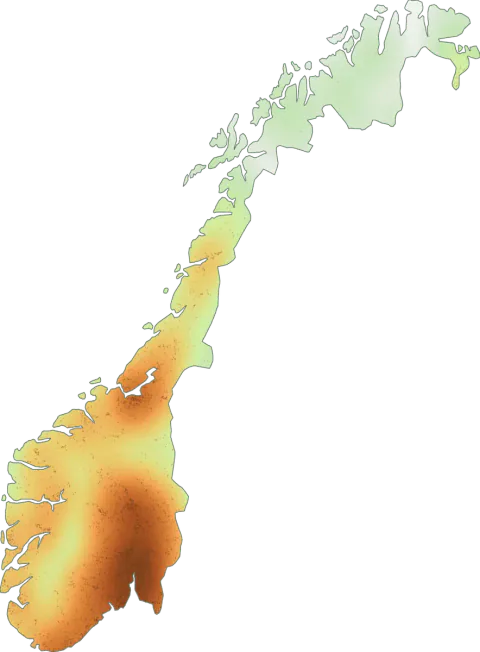 Kart over registrerte observasjoner av rødrandkjuke i Norge.
