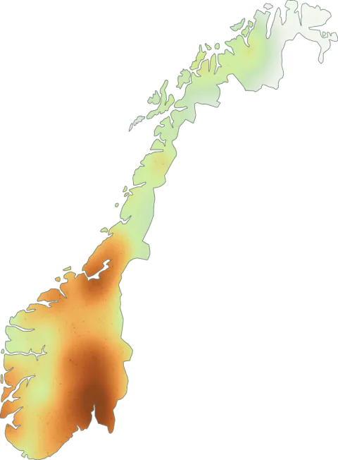 Kart over registrerte observasjoner av sandmorkel i Norge.