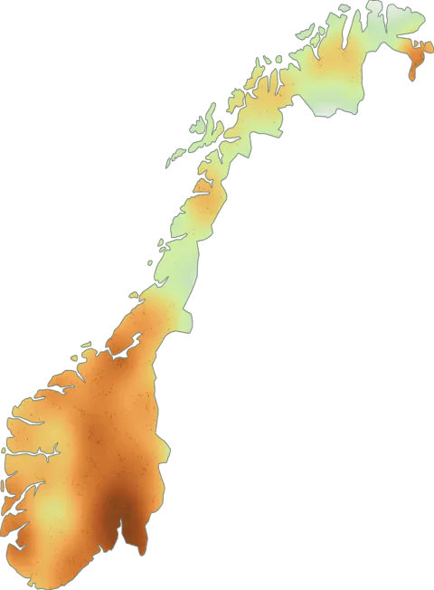 Kart over registrerte observasjoner av sandsopp i Norge.