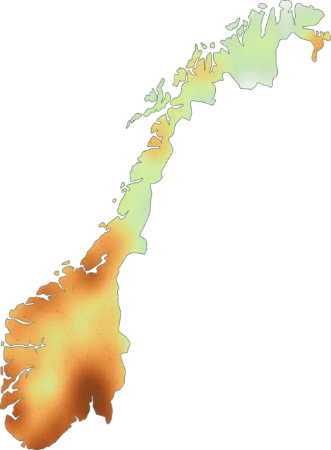 Kart over registrerte observasjoner av seig kusopp i Norge.