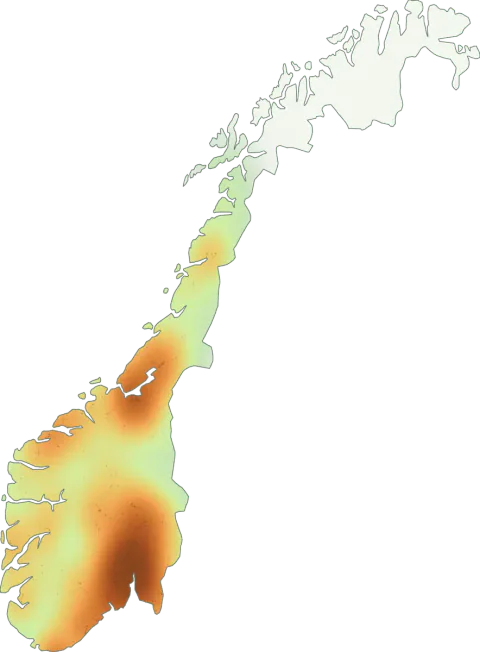 Kart over registrerte observasjoner av skjeggmusserong i Norge.