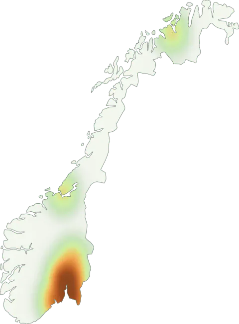 Kart over registrerte observasjoner av sliresopper i Norge.