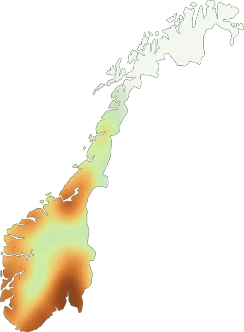 Kart over registrerte observasjoner av spiss giftslørsopp i Norge.