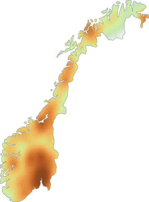 Kart over registrerte observasjoner av stor kragesopp i Norge.