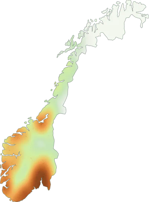 Kart over registrerte observasjoner av svartbrun rørsopp i Norge.