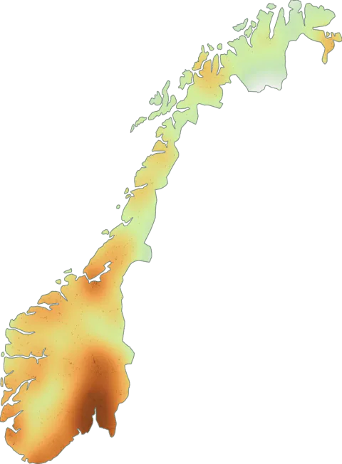 Kart over registrerte observasjoner av svartriske i Norge.