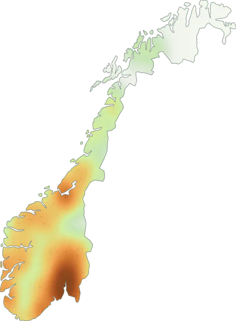 Kart over registrerte observasjoner av svovelskjellsopp i Norge.