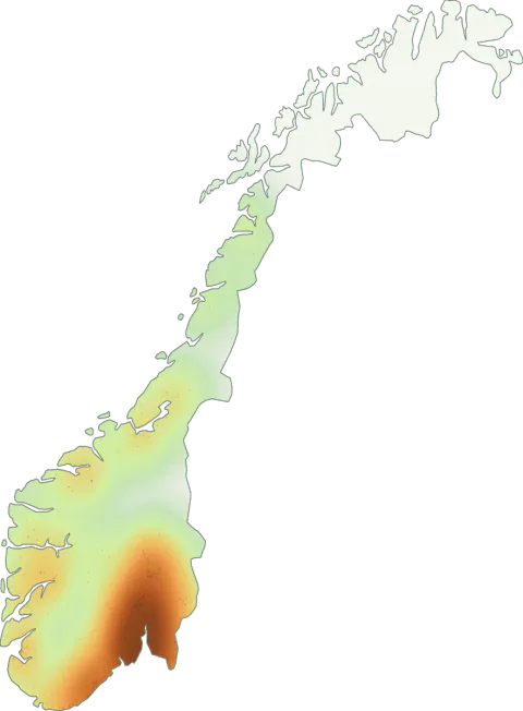 Kart over registrerte observasjoner av tægersopp i Norge.