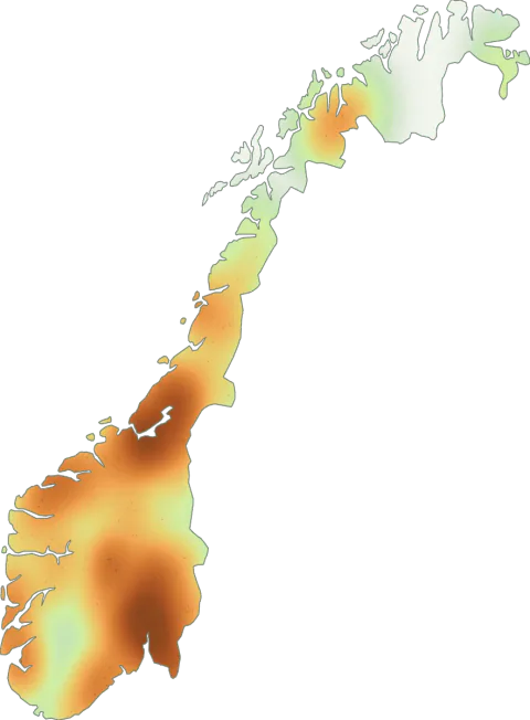 Kart over registrerte observasjoner av ullringslørsopp i Norge.