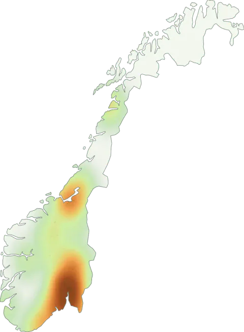 Kart over registrerte observasjoner av vårfagerhatt i Norge.
